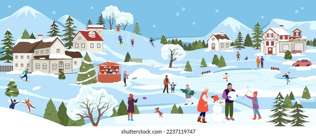 Cartoon mountain village and forest landscape with cute Xmas scenes of happy people resting in nature and snow houses in banner template. Christmas celebration in winter town vector illustration