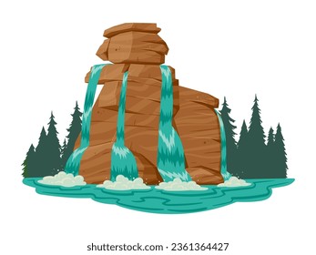 Cartoon mountain waterfall. Streaming water cascade, wild river waterfall scenery flat vector illustration. Nature waterfall landscape