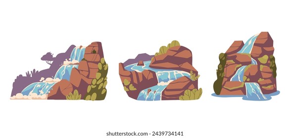 Cartoon Mountain Waterfalls And Water Cascades. Vector Splashing Stream Jets Falling From High Rocks With Green Plants