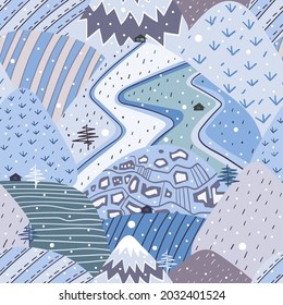 Cartoon mountain winter landscape. Seamless pattern. Vector illustration.