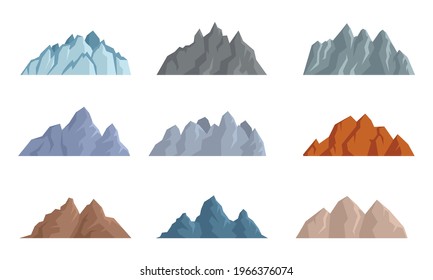 Cartoon mountains collection. Landscape and tourist hiking map elements set. stone, Hill landscape, mountain peak outdoor to hiking illustration.