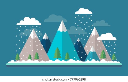 Cartoon mountains with forest during snowfall. Vector illustration
