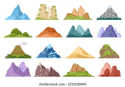 Cartoon mountains, hill tops and mountain snowy peak. Outdoor expedition or hiking, nature landscape mountain silhouette flat vector illustration collection. Rocky range, mountains set