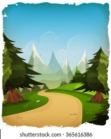 Cartoon Mountains Landscape Background/
Illustration of a cartoon summer or spring mountains landscape, with pine trees, firs and high peak range and grunge frame