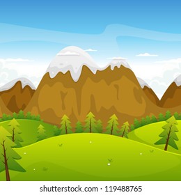 Cartoon Mountains Landscape/ Illustration of a cartoon summer or spring high mountain landscape for vacations, travel and seasonal holidays background