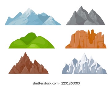 Cartoon mountains ridges. Nature landscape elements with snowy tops, green hills, stone cliffs. Outdoor wild areas for hiking or extreme sport in different weather conditions isolated vector set