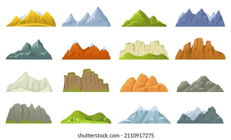 Montañas de dibujos animados, rocas en verde o hielo. Cuadrícula de roca vectorial e ilustración de colinas de dibujos animados, montaña de hielo