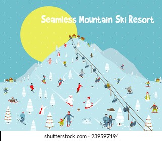 Cartoon Mountains Skyline Ski Resort Seamless Border Pattern. Mountain skiing background border with skiers and snowboarders. Vector illustration.