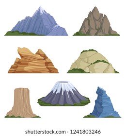 Cartoon mountains. Snow rockies summer terrain outdoor rock landscape vector background isolated