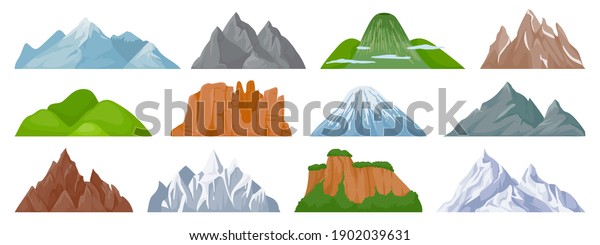 Cartoon mountains. Snowy mountain peak,\
hill, iceberg, rocky mount climbing cliff. Landscape and tourist\
hiking map elements vector set. Hill landscape, mountain peak\
outdoor to hiking\
illustration