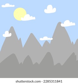 Cartoon mountains sun clouds. Space travel. Travel game background. Vector illustration.