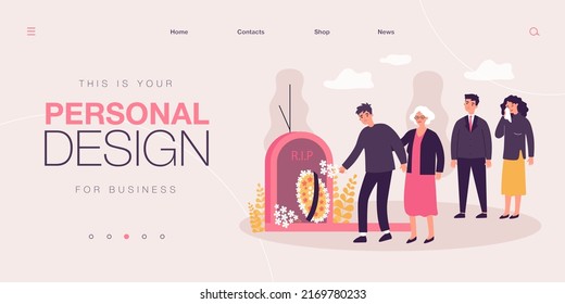 Cartoon mourning people at graveyard flat vector illustration. Men and women standing near tomb with gravestone, flowers and wreath. Grieving and crying family at funeral. Death, grief concept