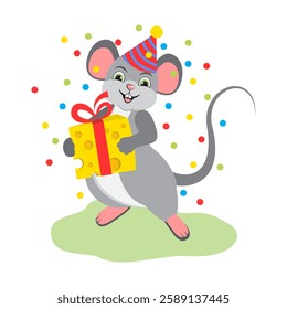 Cartoon mouse animal celebrates birthday. Vector flat illustration. Vector 10.