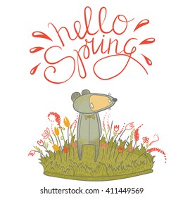 Cartoon mouse animal. Hand Lettering "Hello spring!" Brush Pen lettering isolated on background. Handwritten vector Illustration.