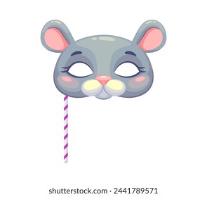 Caricatura ratón mascarilla animal para niños carnaval o fiesta de festival, vector de cara. Máscara de mascarada de ratón divertido bozal en palo para niños feliz zoológico o carnaval mascarada o máscara de fiesta de accesorios de disfraces