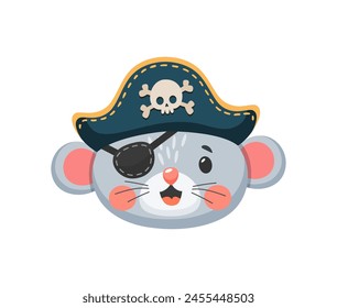 Dibujos animados ratón animal pirata, filibustero y corsario personaje, patrón juguetón y contramaestre personaje. Capitán de roedor de Vector aislado con mejillas rosadas lleva parche en el ojo y sombrero de tricornio con un cráneo