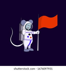 cartoon mouse astronaut with flag showing big thumb isolated on dark, vector stock illustration