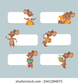 Cartoon mouse banners with funny mascot mouse in action poses