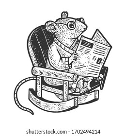 Cartoon Maus im Bademantel zu Hause lesen Zeitung in Schaukelstuhl Skizze Gravur Vektorillustration Illustration. T-Shirt Bekleidungsdesign. Scratch-Board-Imitation. Schwarz-Weiß, handgezeichnet.