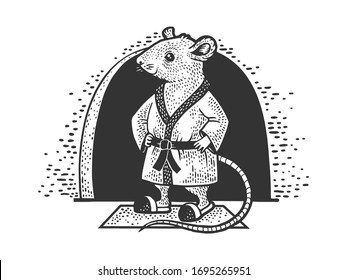 cartoon mouse in bathrobe at home sketch engraving vector illustration. T-shirt apparel print design. Scratch board imitation. Black and white hand drawn image.