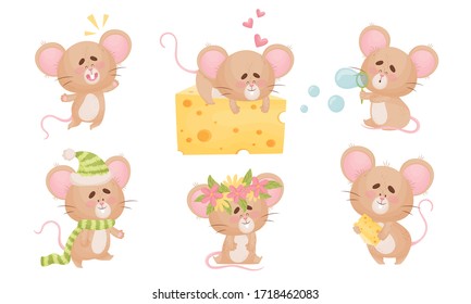 Cartoon Mouse with Big Ears and Long Tail Sleeping on Cheese Slab and Blowing Bubbles Vector Set