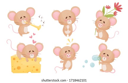 Cartoon Mouse with Big Ears and Long Tail Playing Flute and Blowing Bubbles Vector Set