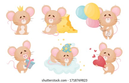 Cartoon Mouse with Big Ears and Long Tail Sleeping on Soft Cloud and Carrying Gift Box Vector Set
