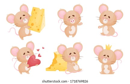 Cartoon Mouse with Big Ears and Long Tail Wearing Crown and Holding Slab of Cheese Vector Set