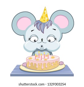 cartoon mouse birthday boy blowing a cake with candles