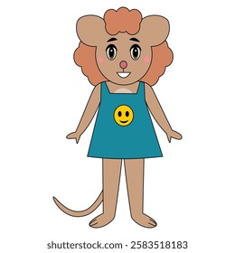 Cartoon mouse in a blue dress with a cheerful smiley emblem.