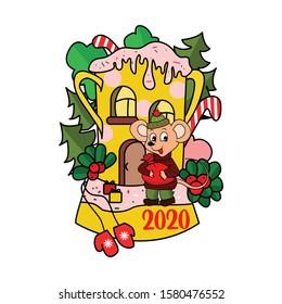 The cartoon mouse brought the year 2020 to the yellow house. Cartoon. Vector illustration