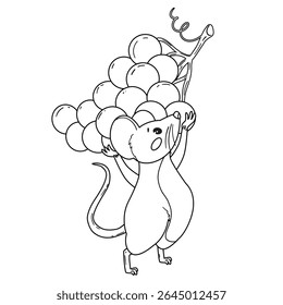 A cartoon mouse is carrying a large bunch of grapes. The mouse has a round body, small ears and a long tail. The grapes are large and clustered in bunches. For designs and children's coloring. Vector