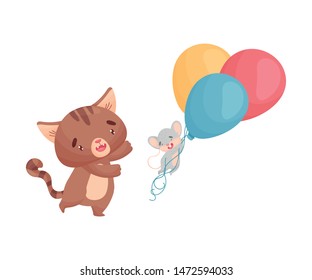Cartoon mouse and cat with balloons. Vector illustration on white background.