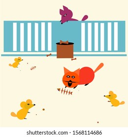 cartoon mouse and cat eating vector illustration