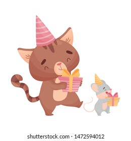Cartoon mouse and cat with gifts. Vector illustration on white background.