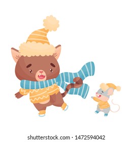 Cartoon mouse and cat ice skating. Vector illustration on white background.