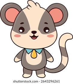 A cartoon mouse character with gray and beige fur, pink inner ears, a striped tail, and a blue bowtie with a yellow pendant.