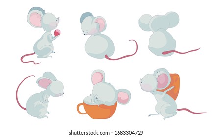 Cartoon Mouse Character with Long Pink Tail Carrying Cheese Slab and Sleeping in Big Cup Vector Set