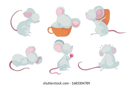 Cartoon Mouse Character with Long Pink Tail Crying and Sleeping in Big Cup Vector Set