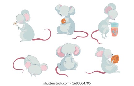 Cartoon Mouse Character with Long Pink Tail Holding Cheese Slab and Sleeping Vector Set