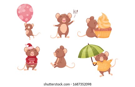 Cartoon Mouse Character with Long Pink Tail Embracing Cupcake and Walking with Umbrella Vector Set