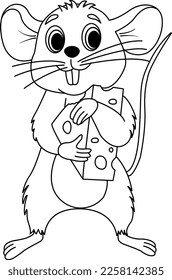 Cartoon mouse with cheese for coloring book. Vector illustration of a cute little mouse