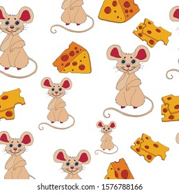 Cartoon Mouse with cheese. Cute cartoon mouse for the design of children's clothing, textiles, cards, stickers, stickers