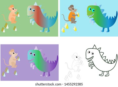  Cartoon mouse with cheese and dinosaur . Coloring options for children.Book for children.Chinese lunar calendar symbol of the year rat, cheese-welfare.2020.New Year, Christmas.Vector illustration.