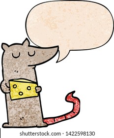 cartoon mouse with cheese with speech bubble in retro texture style