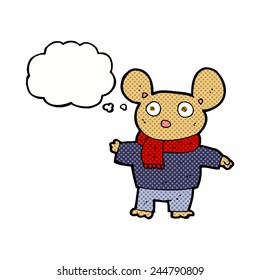 ratón de caricatura en ropa con burbuja de pensamiento