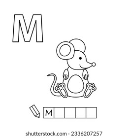 Cartoon mouse coloring pages. Learning game for small children - write a word in Russian language. Vector alphabet for kids