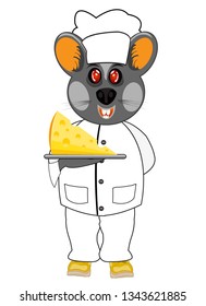 Cartoon mouse cook with piece of the cheese on plate