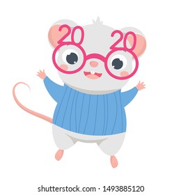 Cartoon mouse. Cute rat in funny party eyeglasses. Symbol of 2020 chinese calendar.