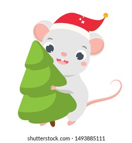 Cartoon mouse. Cute rat in new year hat carry winter spruce tree. Symbol of 2020 chinese calendar